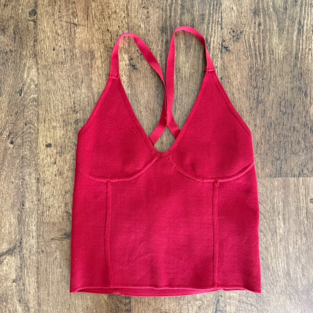 ZARA Knit Red V-Neck Bandage Fitted Thin Strap Tank Top - Size Medium - Y2K